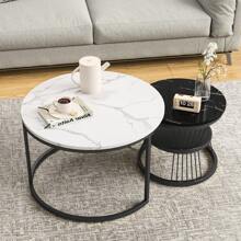 Nesting Couchtisch 2er Set, Stapelbarer Couchtisch mit Golden Metallgestell, Runder Beistelltisch, Moderner Kaffeetisch mit Stauraum, Kaffeetisch für Wohnzimmer, Schlafzimmer, Balkon