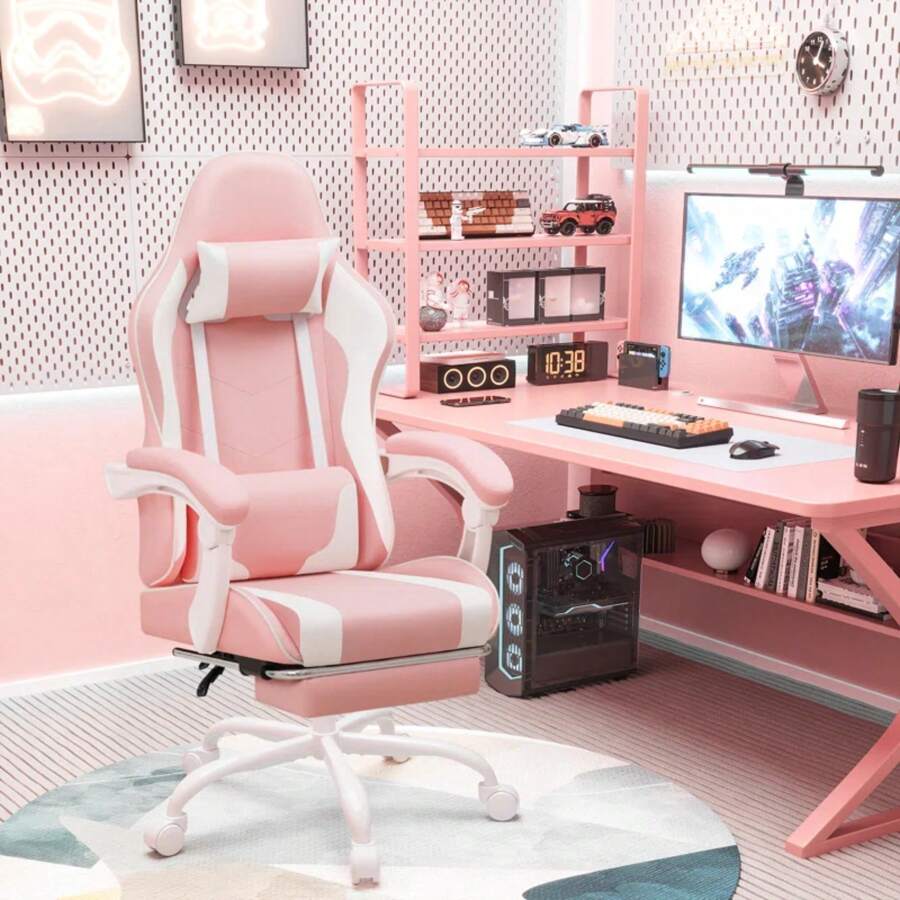 Gaming Chair, Video Game Chair With Footrest And Massage Lumbar Support, Ergonomic Computer Chair Height Adjustable With Swivel Seat And Headrest - Pink - View 1