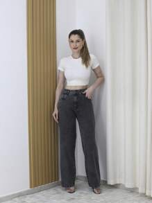 ￼Women's Wide Leg Jeans, High Waist, Graphite Fabric - 深灰色 - 查看 1