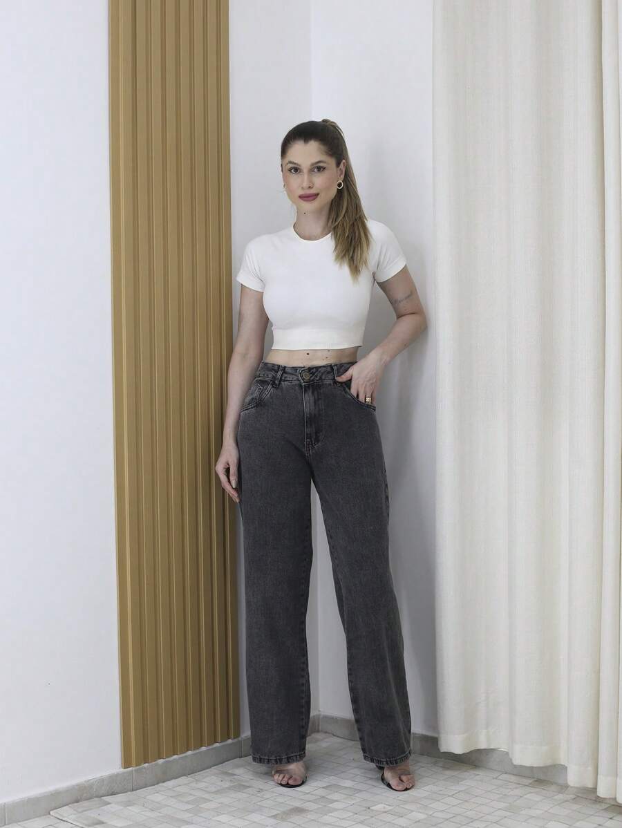 ￼Women's Wide Leg Jeans, High Waist, Graphite Fabric - 深灰色 - 查看 1
