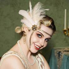 Xiacheng 1920年代爵士女郎服装配饰套装：1920年代爵士女郎发箍、复古珍珠项链、手套 - 粉色 - 查看 2