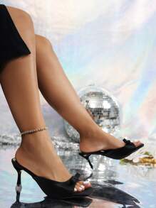 Niche French Style Bowknot High Heel Mule Sandals For Women, Summer Outdoor, Pointed Toe, Thin Heel Valentines - Black - View 6