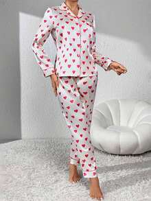 Conjunto de pijama navideño para mujer, camisa de manga larga a rayas con pantalón, ropa de dormir para estar en casa - Rosa - Ver 2
