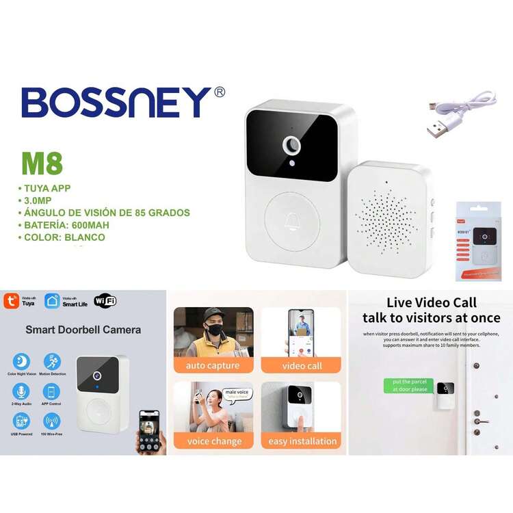 Timbre WiFi Inteligente, Video Timbre Inalámbrico, Tuya, Interfono de Voz Variable, Modo de Visión Nocturna, Audio Bidireccional, Almacenamiento en la Nube, Vigilancia en Tiempo Real - Blanco - Añade 4