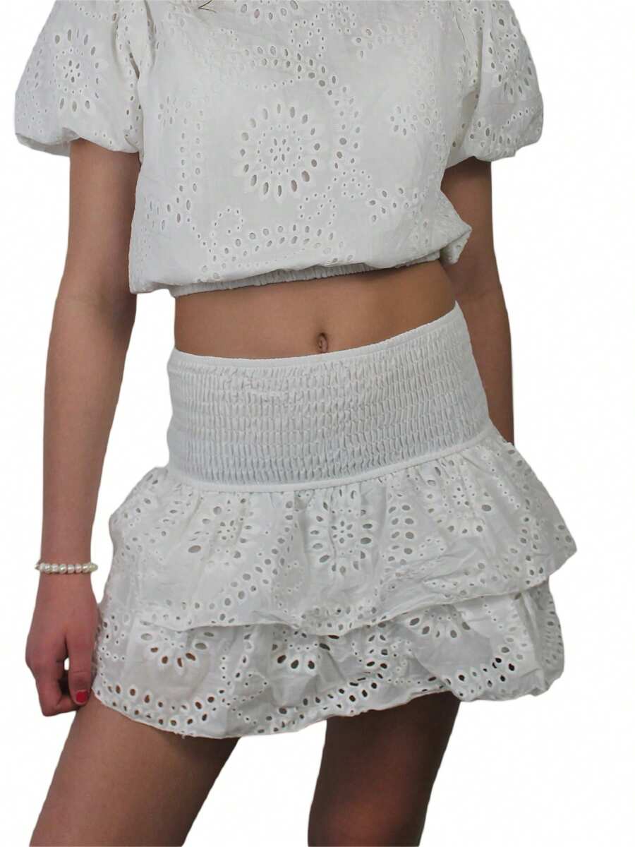 Women's Shirred Mini Skirt A-Line Pointelle High Waist Layered Ruffle Skirt For Summer Party Club - White - View 1