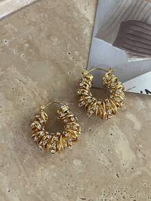 Nghệ thuật quấn dây thời trang phong cách INS Châu Âu và Mỹ mới lạ Bông tai kim loại Cubic Zirconia, khuyên tai tròn vàng rỗng - Vàng - Xem 6