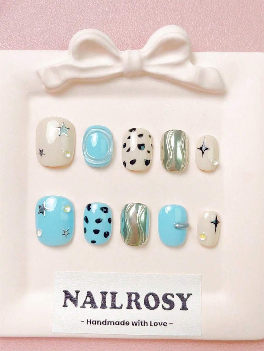 Bộ 10 móng tay giả thủ công hình vuông ngắn màu xanh bạc trắng sao đốm lấp lánh lấp lánh lấp lánh sang trọng trang trí bằng đá giả dễ thương Kawaii hoạt hình phong cách Nhật Bản hiện đại thanh lịch tối giản phong cách Hàn Quốc thiết kế tươi mới móng tay giả
