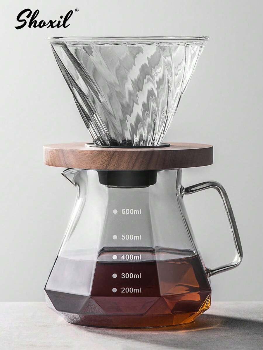 shoxil 2 件套灰色玻璃手冲咖啡壶和滤杯，钻石形咖啡壶和咖啡滴滤器，滴滤咖啡壶套装，适用于家庭和办公室 - 灰色 - 查看 1