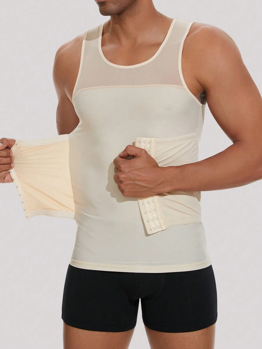 1pc Men's Reinforced Adjustable Buckle Waist Slimming Ribbed Casual Top, Suitable For Daily Office, Leisure, Gathering - Beige - View 1