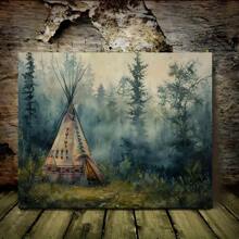 Native American Wolf &  Camp Canvas Wall Art - Wooden Framed Decor For Bedroom, Home Office, Perfect For Room Decor - (Wrapped Canvas) - 藍色 - 查看 1