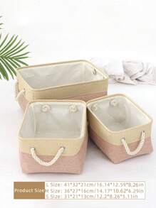 1pc Two Tone Storage Basket, Beige Polyester Desktop Organizer, For Home