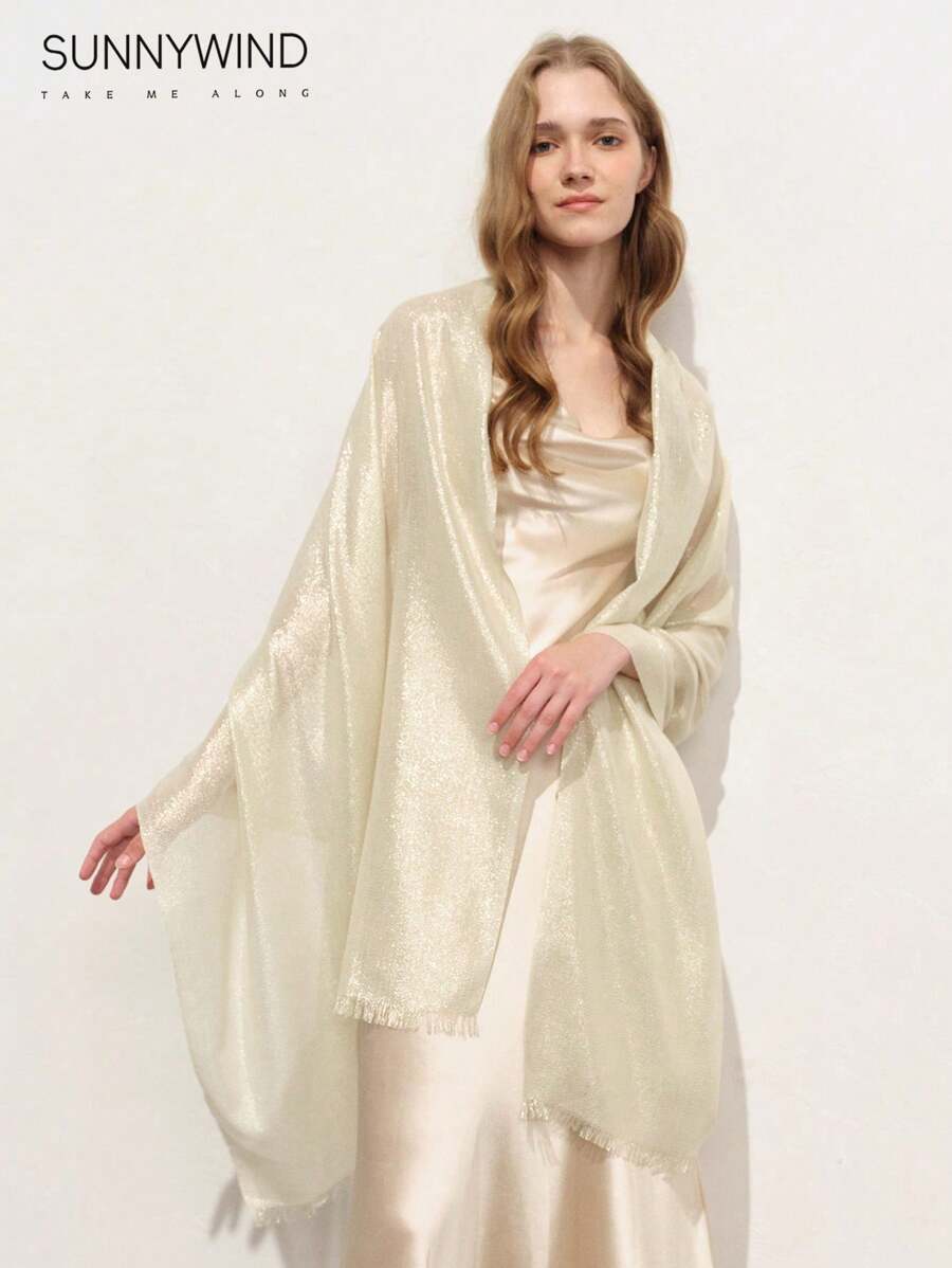 1pc Elegant White Gold Thread Party Shawl/Scarf - Beige - View 1