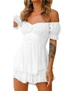 Womens Lantern Ruffle Romper Off Shoulder Short Sleeve Flowy Lyaner Smocked Romper Dress Short Jumpsuit Playsuits Mini Dress - 白色 - 查看 2