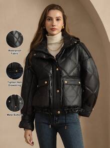 ZIAI High End Solid Color Quilted Hooded Metal Button Winter Short Padded Coat - Black - View 2