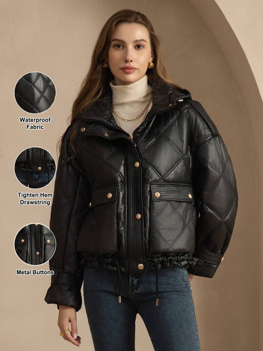 ZIAI High End Solid Color Quilted Hooded Metal Button Winter Short Padded Coat