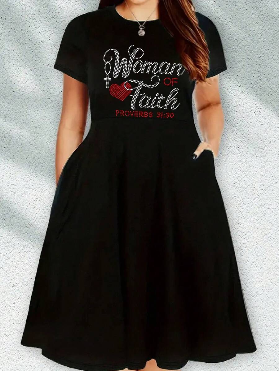 Vestido de cuello redondo con estampado personalizado talla grande, casual de manga corta para primavera/verano, ropa de mujer elegante en negro - Negro - Ver 1