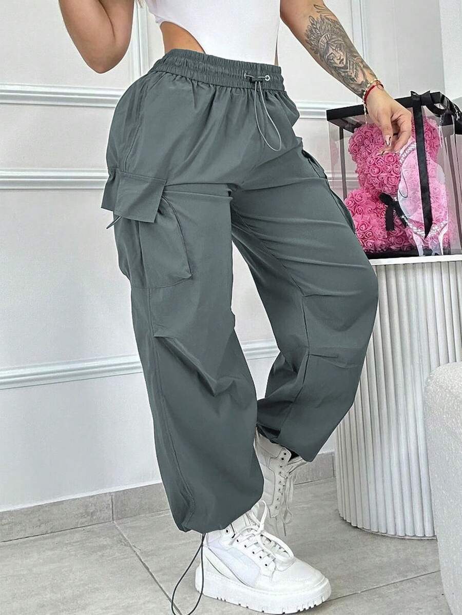 Quần nỉ buộc mắt cá chân có dây rút bỏ túi màu trơn cho nữ - Màu xanh bụi bặm - Xem 1