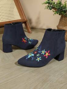 Damen Mode Reißverschluss Kurzstiefel, Stickerei Design, High Heel Stil - marineblau - Übersicht 7