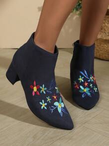 Damen Mode Reißverschluss Kurzstiefel, Stickerei Design, High Heel Stil - marineblau - Übersicht 4