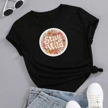 Stay Wild Printed T-Shirt Blouse Women's Clothing Aesthetic Streetwear T-Shirt100% Cotton - 黑色 - 查看 2