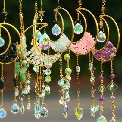 1pc, Amethyst Moon Crystal Prisms Suncatcher - Half Moon Shaped Window Hanging Pendant - Rainbow Sun Catcher For Home And Garden