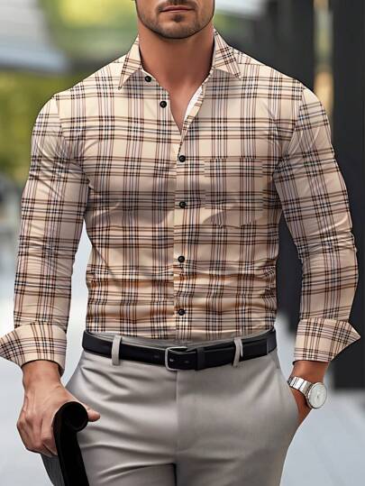 <Recommended Men's Shirts For 2025, Crafted With Artistry>Men's Fashion Business Plaid Shirt, Long Sleeve Button-Up Formal Shirt, Office Wear, Spring & Autumn, Old Money Style, Wrinkle-Resistant Quick-Dry Opaque Fabric, Smooth Texture, Classic Collar Design, Suitable For Commute, Business, Party, Street Style Tailoring, Top, Holiday, Fall