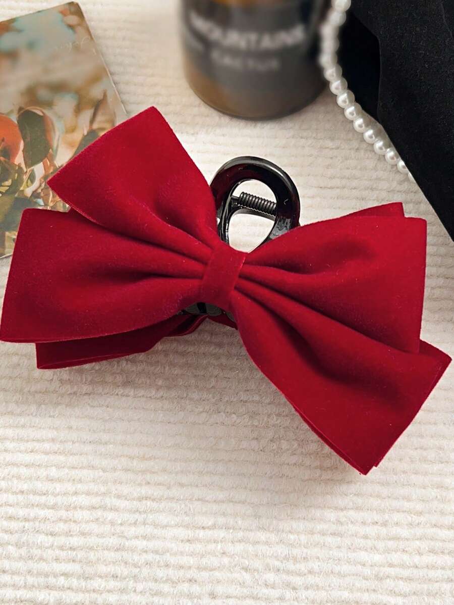 1pc Double-Layer Velvet Bow Oversized Hair Claw Clip, Vintage Elegant Headpiece, Ideal For New Year, Party, Friends Gift Valentine's Day Hair Clips Hair Jaw Clip Hair Clamps Hair Clutch Hair Catcher Clip Fall Winter Hair Accessories For Women For Vacation Outfits Woman - Red - View 1