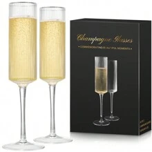 Champagne Flutes Set Of 2 - Elegant Champagne Glasses For Champagne, Prosecco, Wedding Gift, Engagement Gifts For Women, 250ml Vertical Stripe Glasses For Anniversary, Christmas (2, Pinstripe) - Clear - View 1