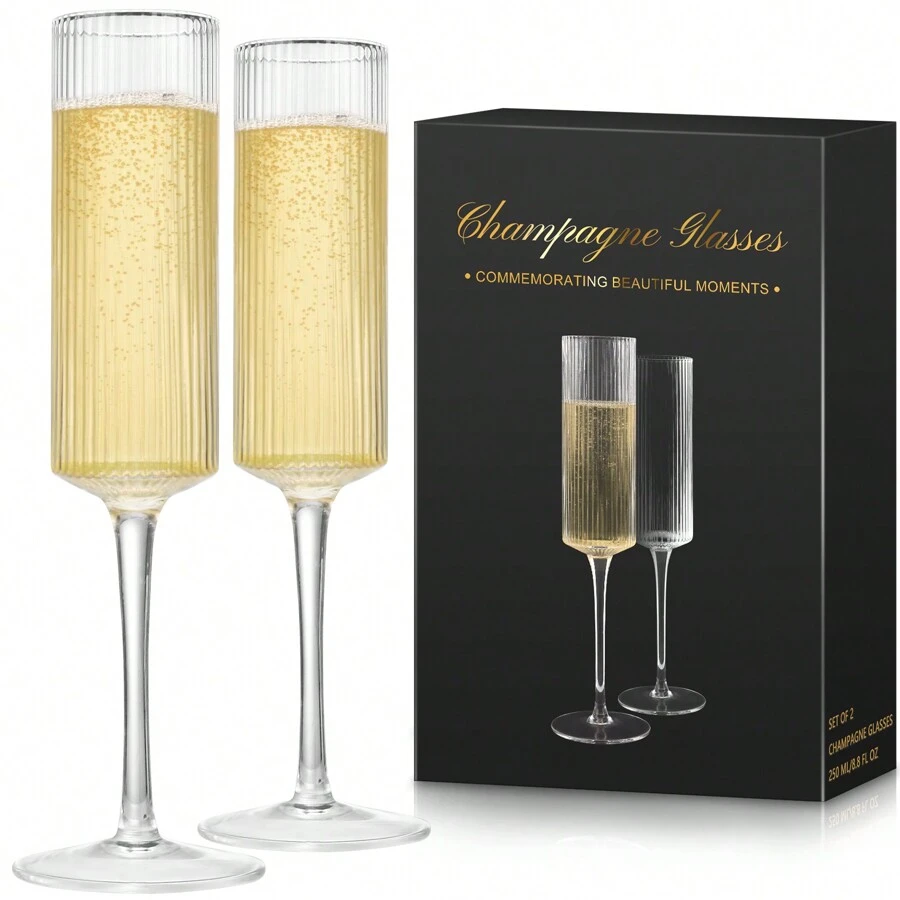 Champagne Flutes Set Of 2 - Elegant Champagne Glasses For Champagne, Prosecco, Wedding Gift, Engagement Gifts For Women, 250ml Vertical Stripe Glasses For Anniversary, Christmas (2, Pinstripe) - Clear - View 1