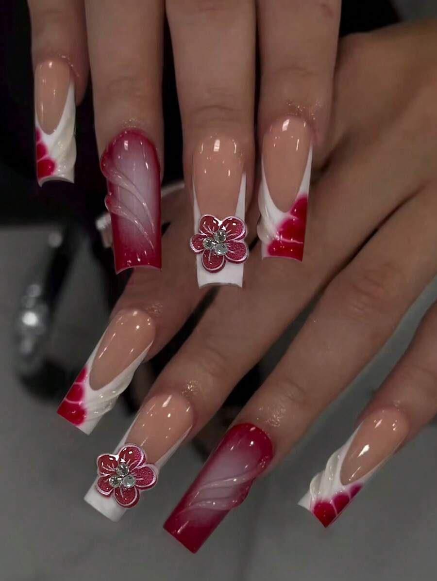 Bộ 24 miếng dán móng tay hoa 3D, hình vuông cỡ trung bình, kiểu móng Pháp, kèm 1 lọ sơn gel và 1 dũa móng, dễ dán, phù hợp cho nữ và bé gái sử dụng hàng ngày và dự tiệc. - Nhiều màu - Xem 1
