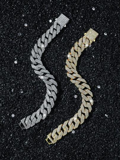 1 件男士 15 毫米宽钻石图案装饰重型链条手链，个性化日常佩戴，男友礼物，嘻哈风格