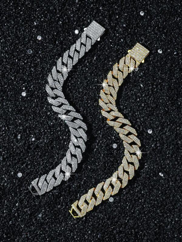 1pc Men's 15mm Wide Diamond Pattern Embellished Heavy Duty Chain Bracelet, Personalized Daily Wear, Boyfriend Gift, Hip Hop Style