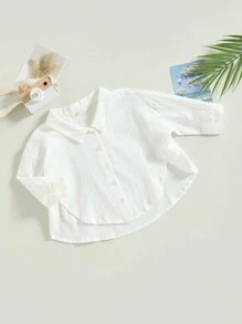 Tops de verano para niños pequeños y bebés, camisas de manga corta con cuello de solapa y botones de color liso - Beis - Ver 6