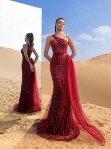 Faeriesty Luxury One Shoulder Sheer Overlay Beaded Formal Evening Dress & Embellished Dress & Beaded Gowns & Evening Gowns Party Wedding Elegant - Burgundy - View 2