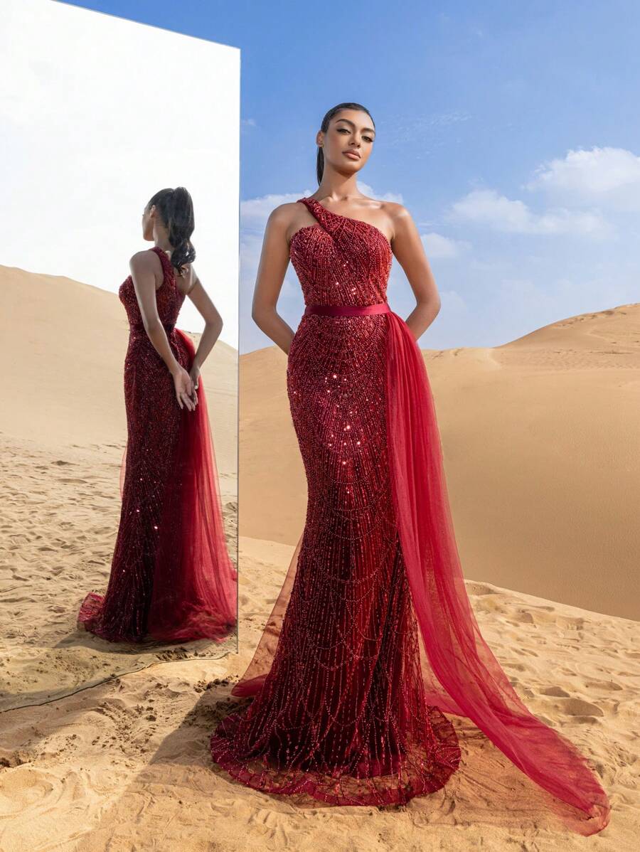 Faeriesty Luxury One Shoulder Sheer Overlay Beaded Formal Evening Dress & Embellished Dress & Beaded Gowns & Evening Gowns Party Wedding Elegant