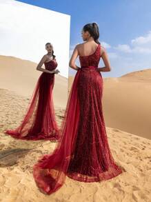 Faeriesty Luxury One Shoulder Sheer Overlay Beaded Formal Evening Dress & Embellished Dress & Beaded Gowns & Evening Gowns Party Wedding Elegant - Burgundy - View 3