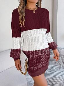 Nuevo vestido de suéter de manga larga con cuello redondo, bloque de color a rayas para otoño/invierno - Burdeos - Ver 6