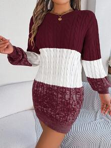 Nuevo vestido de suéter de manga larga con cuello redondo, bloque de color a rayas para otoño/invierno - Burdeos - Ver 1