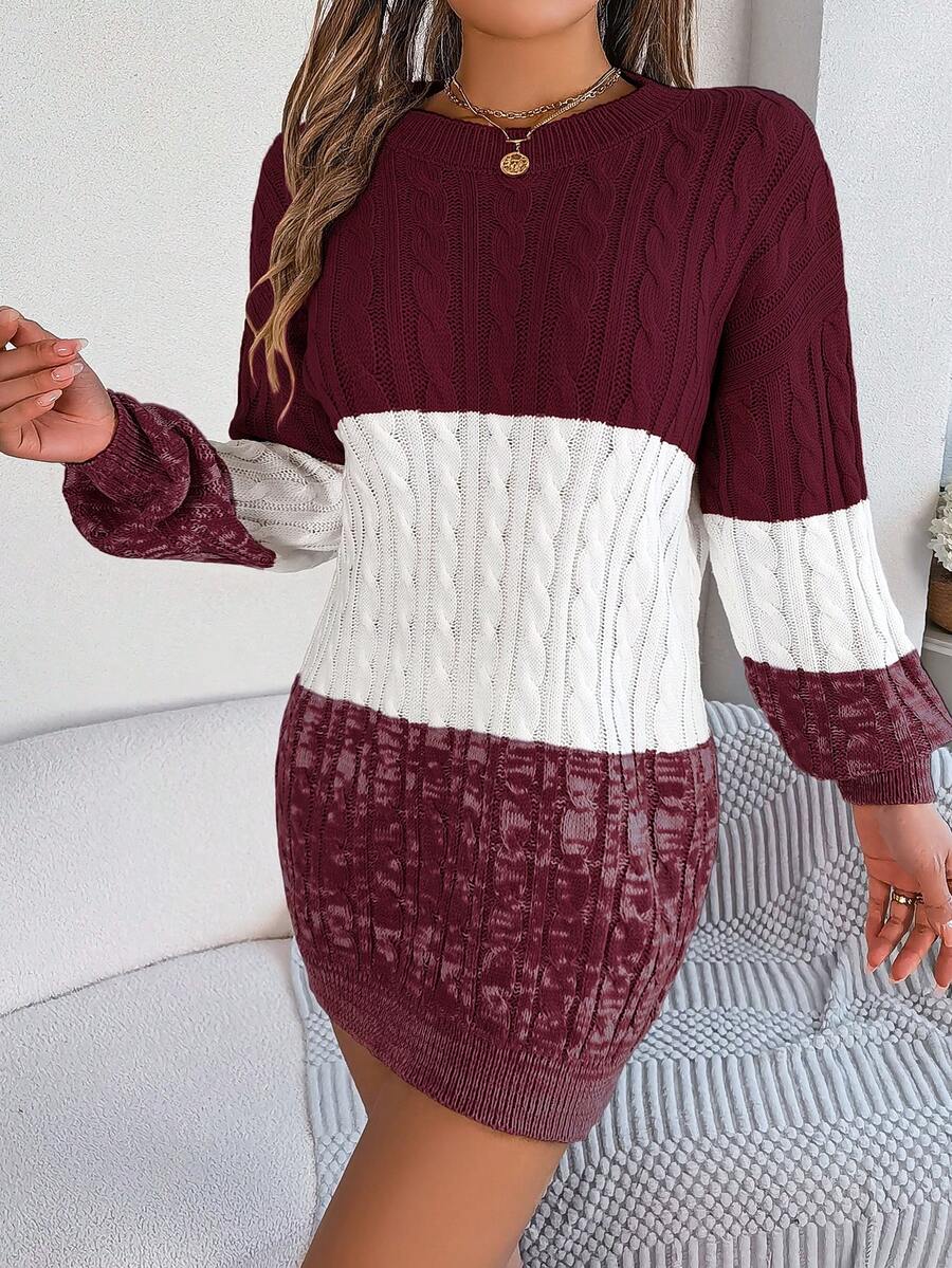 Nuevo vestido de suéter de manga larga con cuello redondo, bloque de color a rayas para otoño/invierno - Burdeos - Ver 1