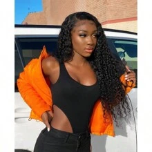 CUEKI 卷曲蕾丝前假发 13x4 高清蕾丝假发 预拔婴儿头发 卷曲卷发人发假发 200% 密度无胶假发 Jerry 卷曲人发 饱满柔软 自然色 - 黑色 - 查看 6