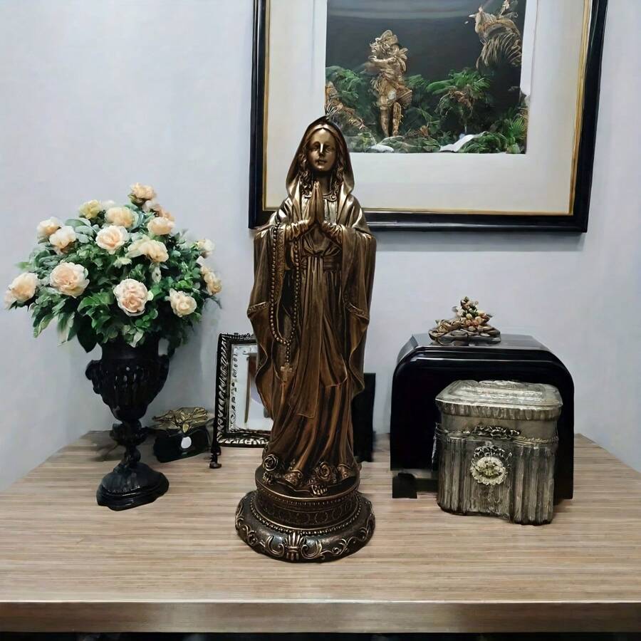 1PC 耶稣教父教母圣子仿铜雕像树脂工艺品小摆件家庭节日装饰小雕像家居工艺品欧式家居客厅电视柜玄关艺术装饰摆件