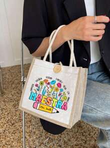 Bolso de tela con estampadoíris, bolso de lino, esencial de viaje, bolso de gran capacidad, bolso de compras con estampado de letras, regalo para mujeres, regalo para el Día - Multicolor 4 - Ver 12
