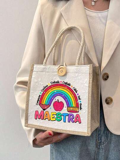 Bolsa de lona estampada con arcoíris, bolsa de tela tipo tote, bolsa esencial de viaje, bolso grande de capacidad, bolsa de compras con estampado de letra, regalo para mujeres, regalo para el Día del Maestro, apto para la escuela, la universidad, el trabajo, los negocios, el transporte, al aire libre, los viajes, vacaciones, Día del Maestro, regalos para maestros