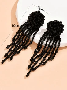 1 Pair Exaggerated Fashion Imitation Crystal Glass Bead Tassel Drop Earrings, Suitable For Women's Everyday Outfit And Party Matching - Black - View 4