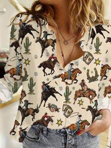 全新女式休闲花卉印花纽扣衬衫 - 花色 - 查看 1