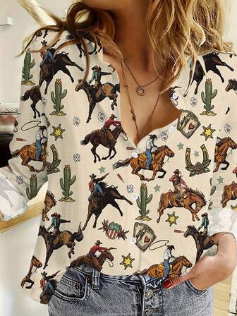 全新女式休闲花卉印花纽扣衬衫