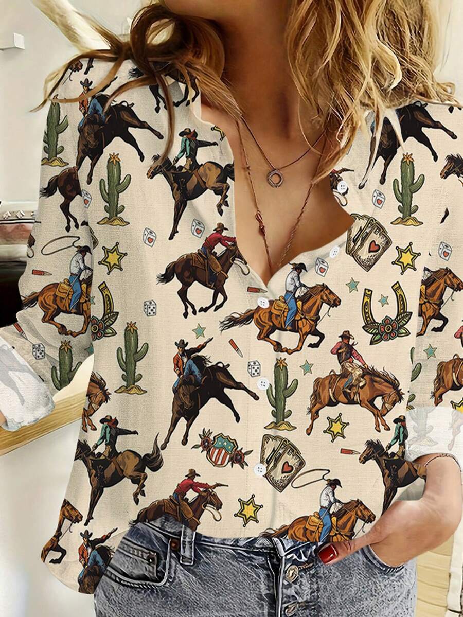 全新女式休闲花卉印花纽扣衬衫 - 花色 - 查看 1