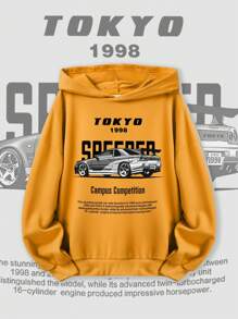 Sudadera con capucha de manga larga y estilo casual y caluroso para niños con estampado de coche, bendición con lema y nombre de ciudad, de estilo de moda y creativo para el tiempo libre.