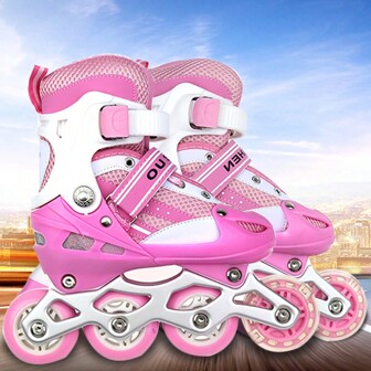 Patins à roulettes fille - Code M - Rollers enfant 4 roues réglables - Protection complète - Rose
