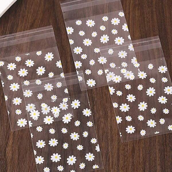 1 paquete de 50 piezas, disponible en varios tamaños, bolsas OPP autoadhesivas transparentes/escarcha con diseño de margarita, bolsas de cierre automático con estrellas, fundas para tarjetas coleccionables, tarjetas pequeñas, regalos, accesorios, bolsas divisoras